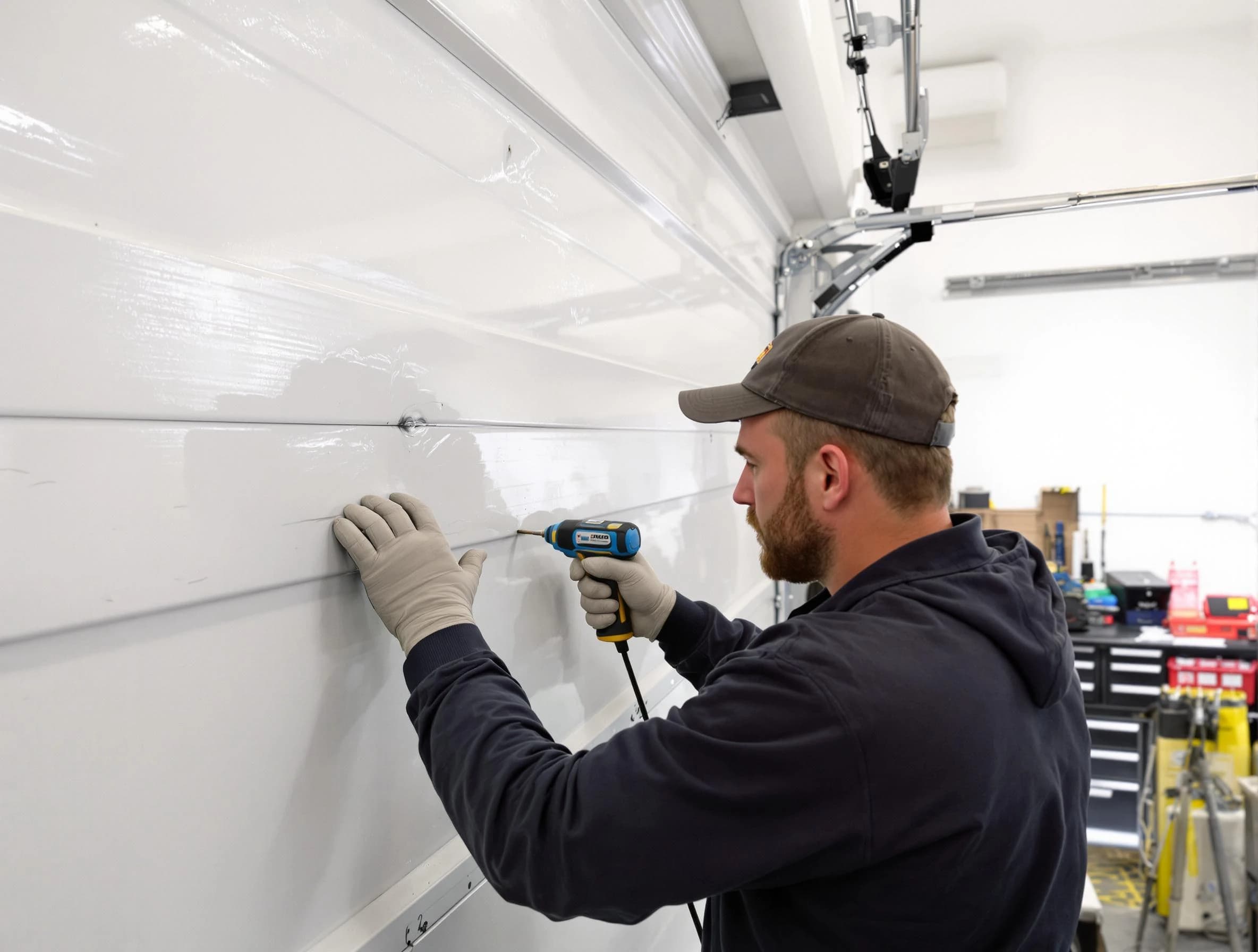 Duluth Garage Door Repair technician demonstrating precision dent removal techniques on a Duluth garage door