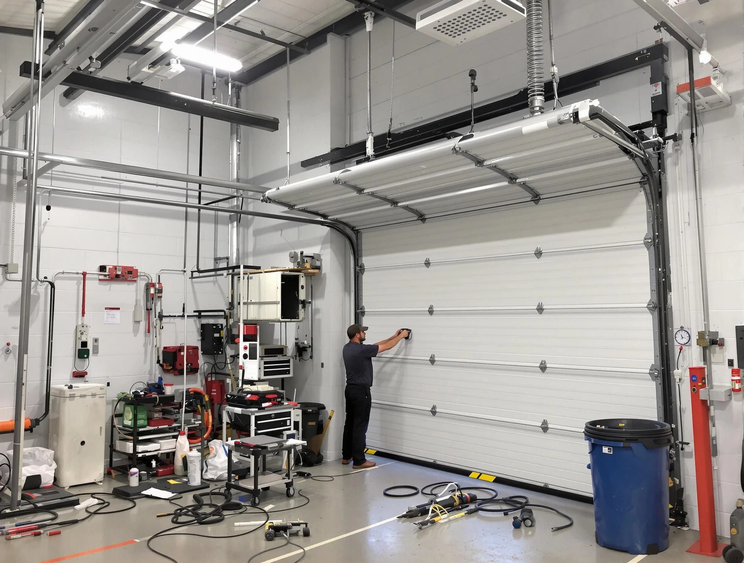 Duluth Garage Door Repair certified technician performing commercial door repair at a Duluth business facility